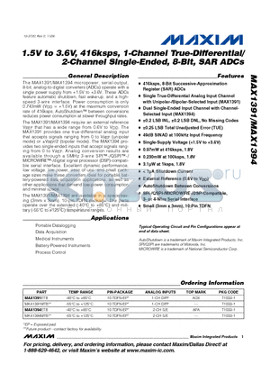 MAX1394MTB datasheet - 1.5V to 3.6V, 416ksps, 1-Channel True-Differential/2-Channel Single-Ended, 8-Bit, SAR ADCs