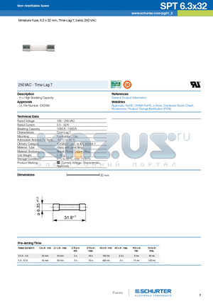 0001.2534 datasheet - Miniature Fuse, 6.3 x 32 mm, Time-Lag T, Sand, 250 VAC