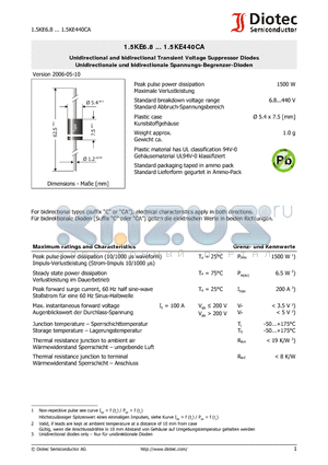 1.5KE250 datasheet - Unidirectional and bidirectional Transient Voltage Suppressor Diodes