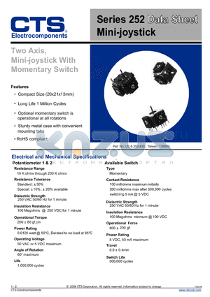 252B503A50TB datasheet - Two Axis, Mini-joystick With Momentary Switch