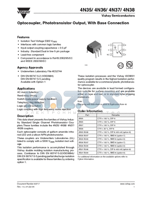 4N37-X009 datasheet - Optocoupler, Phototransistor Output, With Base Connection