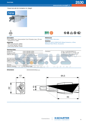 2530 datasheet - Power Cord with IEC Connector C5, Straight