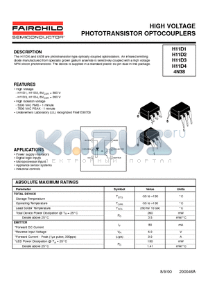 4N38 datasheet - HIGH VOLTAGE PHOTOTRANSISTOR OPTOCOUPLERS