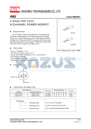 4N60 datasheet - 4 Amps, 600 Volts N-CHANNEL POWER MOSFET