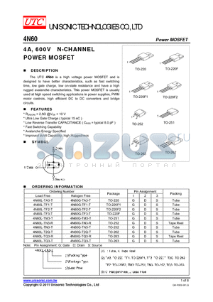 4N60G-TF1-T datasheet - 4A, 600V N-CHANNEL POWER MOSFET