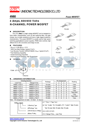 4N60L-X-TA3-T datasheet - 4 Amps, 600/650 Volts N-CHANNEL POWER MOSFET