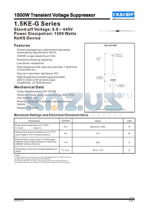 1.5KE27A-G datasheet - 1500W Transient Voltage Suppressor