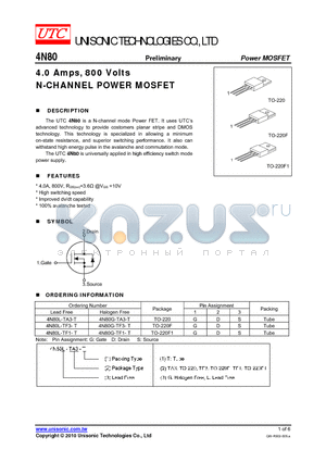 4N80G-TF1-T datasheet - 4.0 Amps, 800 Volts N-CHANNEL POWER MOSFET