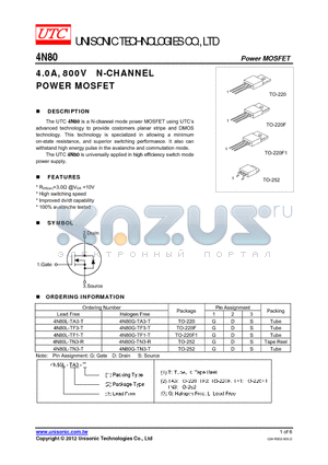 4N80G-TN3-T datasheet - 4.0A, 800V N-CHANNEL POWER MOSFET