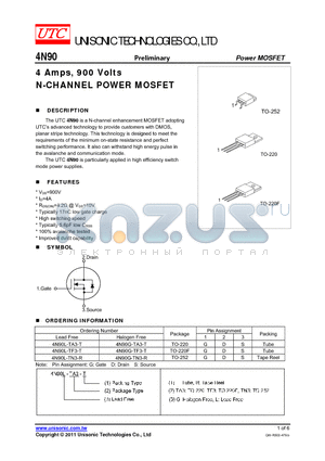 4N90G-TA3-T datasheet - 4 Amps, 900 Volts N-CHANNEL POWER MOSFET