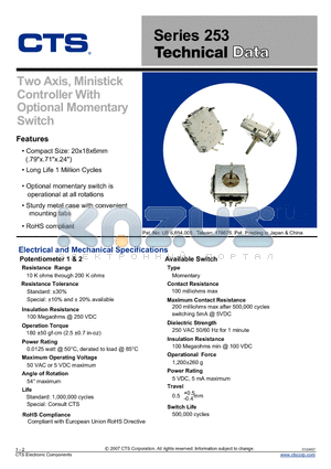 253B104B45NA datasheet - Two Axis, Ministick Controller With Optional Momentary Switch