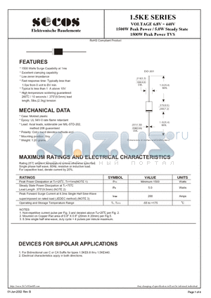 1.5KE300A datasheet - VOLTAGE 6.8V ~ 440V 1500W Peak Power / 5.0W Steady State 1500W Peak Power TVS