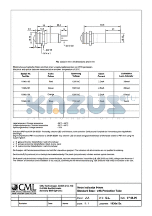 1936X130 datasheet - NEON Indicator 14mm Standard Bezel with Protection Tube