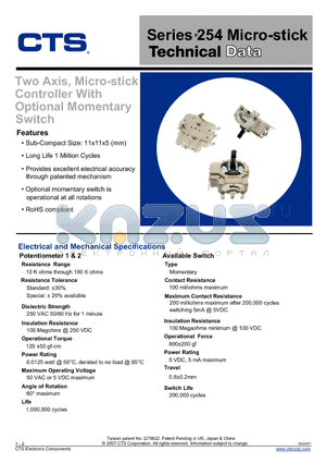 254SB104B60B datasheet - Two Axis, Micro-stick Controller With Optional Momentary Switch