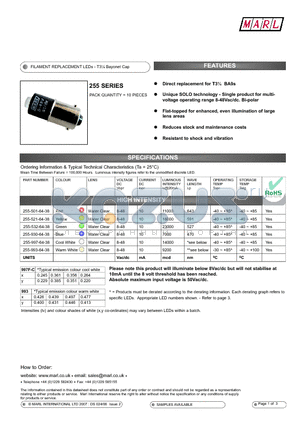 255-521-64-38 datasheet - FILAMENT REPLACEMENT LEDs - T3l Bayonet Cap