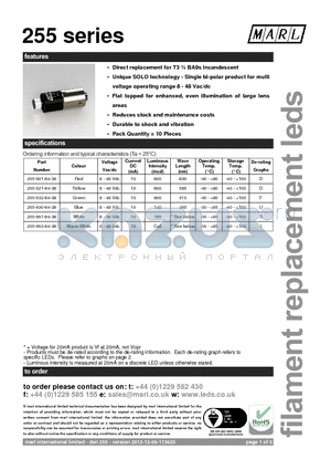 255-521-64-38 datasheet - Direct replacement for T3 l BA9s Incandescent
