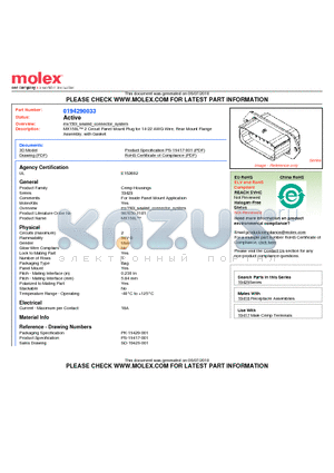 194270025 datasheet - MX150L 2 Circuit Panel Mount Plug for 14-22 AWG Wire, Rear Mount FlangeAssembly, with Gasket