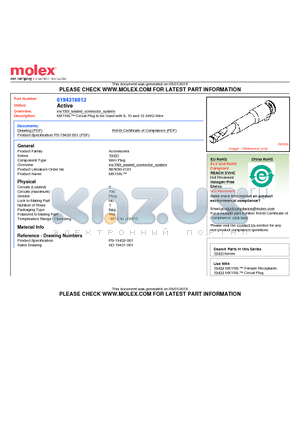 19431-0013 datasheet - MX150L Circuit Plug to be Used with 8, 10 and 12 AWG Wire