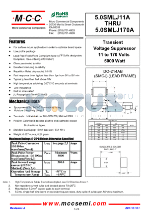 5.0SMLJ160A datasheet - Transient Voltage Suppressor 11 to 170 Volts 5000 Watt