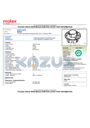 35533-0206 datasheet - PT Bulb Socket Single Housing Assembly, Type A, Unsealed, White