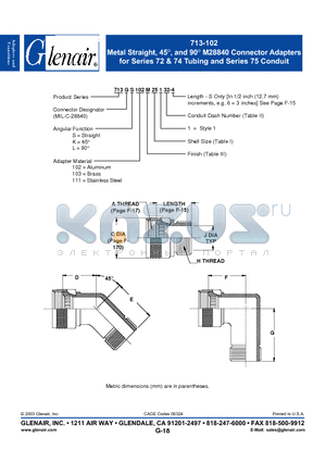 713GK102B13106-4 datasheet - Metal Straight, 45`, and 90` M28840 Connector Adapters