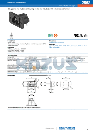 2562-H-ABC0-D-E datasheet - IEC Appliance Inlet C6, Screw-on Mounting, Front or Rear Side, Solder, PCB or Quick-connect Terminal