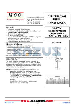1.5KE350A datasheet - 1500 Watt Transient Voltage Suppressors 6.8V to 550 Volts