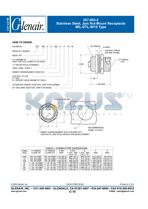 257-003H2-10SL-5 datasheet - Stainless Steel, Jam Nut Mount Receptacle