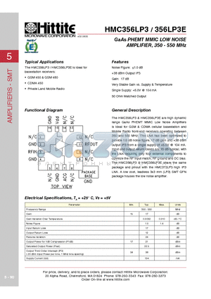 356LP3E datasheet - GaAs PHEMT MMIC LOW NOISE AMPLIFIER, 350 - 550 MHz