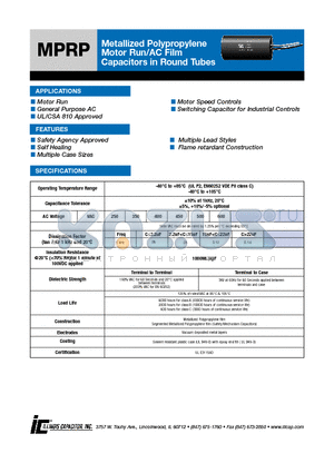 356MPR450KP datasheet - Metallized Polypropylene Motor Run/AC Film Capacitors in Round Tubes