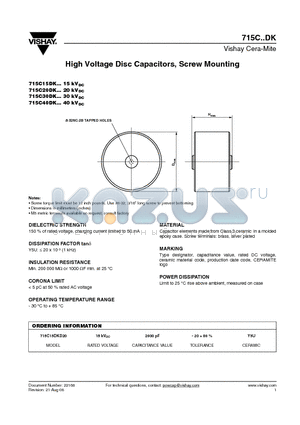 715C15DKS10 datasheet - High Voltage Disc Capacitors, Screw Mounting