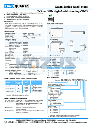 50.000XO26A050UITC datasheet - 7x5mm SMD High G withstanding CMOS