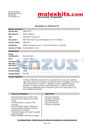 71660-7050 datasheet - BMI PCB Vertical Plug and Receptacle 2.79mm Tail length