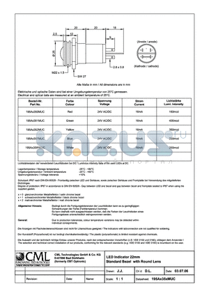 195AX352MUC datasheet - LED Indicator 22mm Standard Bezel White Round Lens