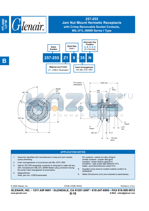 257-255Z111-35B datasheet - Jam Nut Mount Hermetic Receptacle