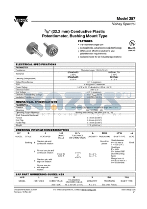357B010KABO500P22E4 datasheet - 7/8 (22.2 mm) Conductive Plastic Potentiometer, Bushing Mount Type