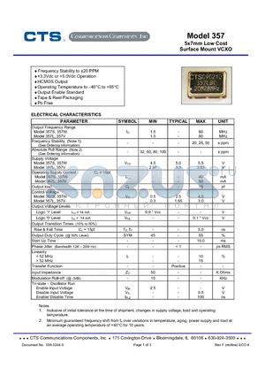 357WA3I datasheet - 5x7mm Low Cost Surface Mount VCXO