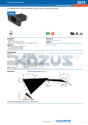 2574-H-ABC0-D-E datasheet - IEC Appliance Inlet C8, Screw-on Mounting, Front Side, Solder or Quick-connect Terminal