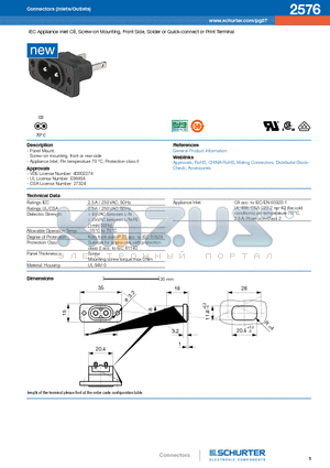 2576 datasheet - IEC Appliance Inlet C8, Screw-on Mounting, Front Side, Solder or Quick-connect or Print Terminal
