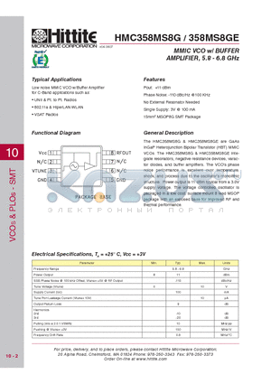 358MS8GE datasheet - MMIC VCO w/ BUFFER AMPLIFIER, 5.8 - 6.8 GHz