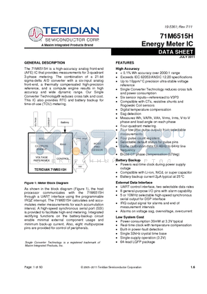 71M6515H datasheet - Up to 10ppmC precision ultra-stable voltage reference Digital temperature compensation