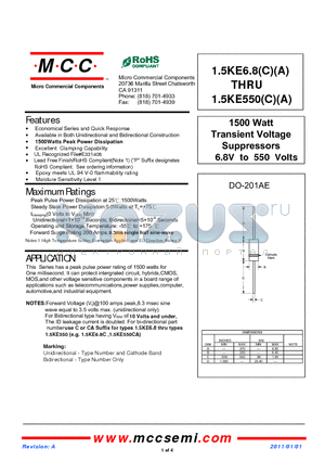 1.5KE540A datasheet - 1500 Watt Transient Voltage Suppressors 6.8V to 550 Volts