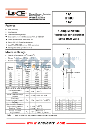 1A2 datasheet - 1 Amp Miniature Plasftic Silicon Rectifier 50 to 1000 Volts