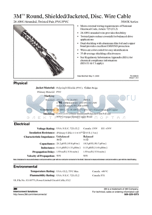 3600G/14SF datasheet - 3M Round, Shielded/Jacketed, Disc. Wire Cable