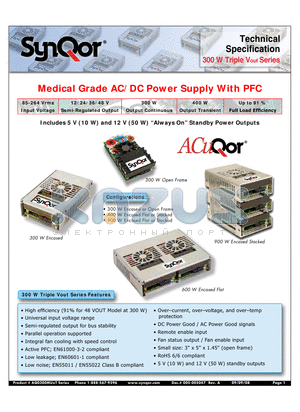 AQ0300MU4TEQCF datasheet - Medical Grade AC/DC Power Supply With PFC