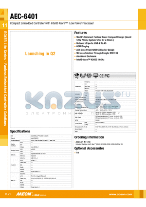 AEC-6401 datasheet - Worlds Slimmest Fanless Boxer: Compact Design: (board 120x 72mm, System 125 x 77 x 20mm )