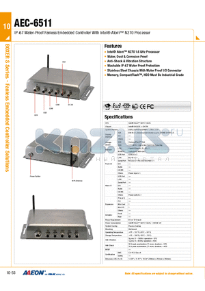 AEC-6511 datasheet - IP-67 Water-Proof Fanless Embedded Controller With Intel Atom N270 Processor