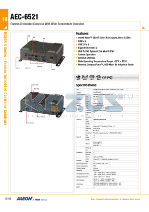 AEC-6521 datasheet - Intel^ Atom E6x0T Series Processors, Up to 1.6GHz