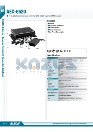 AEC-6520 datasheet - IP-65 Washable Embedded Controller With Intel^ Celeron^ M Processor