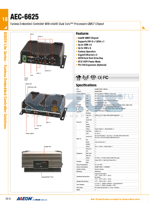 AEC-6625 datasheet - Fanless Embedded Controller With Intel Dual Core Processors QM57 Chipset